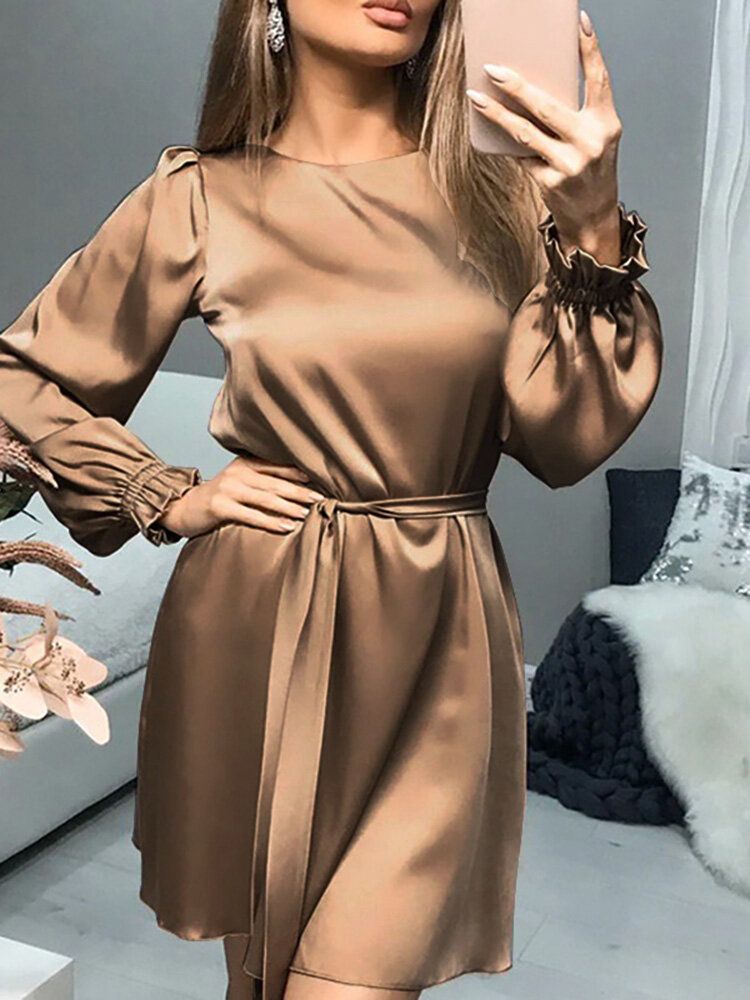 Kobiety Satin Solid Puff Sleeve Kolano Długość Powrót Zipper Sznurek Midi Sukienki