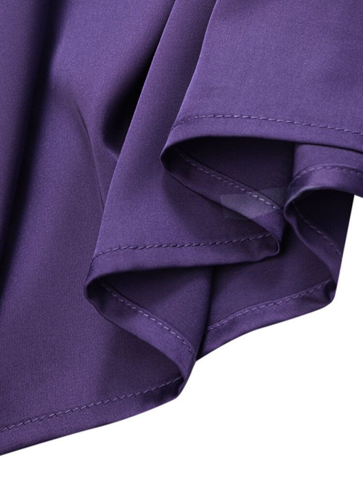 Kobiety Satin Solid Puff Sleeve Kolano Długość Powrót Zipper Sznurek Midi Sukienki