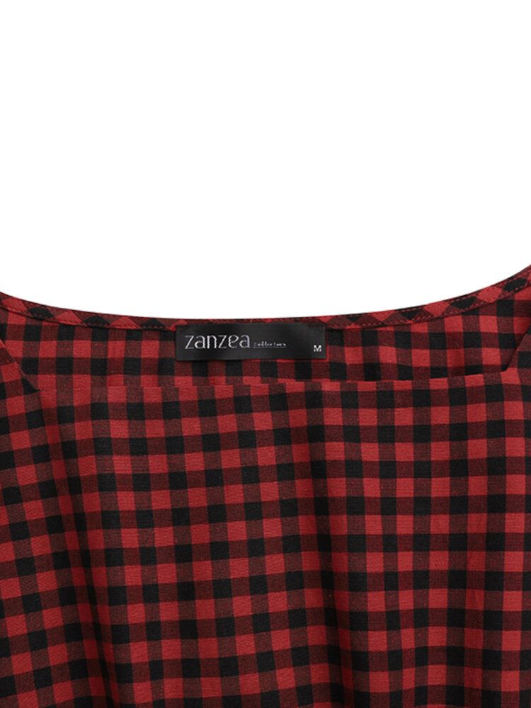 Kobiety Squre Neck Plaid Długość Łydki Boczne Kieszenie Casual Midi Sukienki