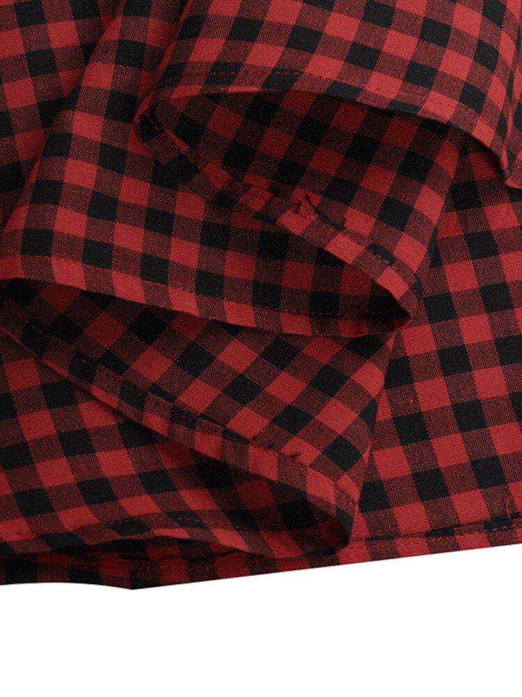 Kobiety Squre Neck Plaid Długość Łydki Boczne Kieszenie Casual Midi Sukienki