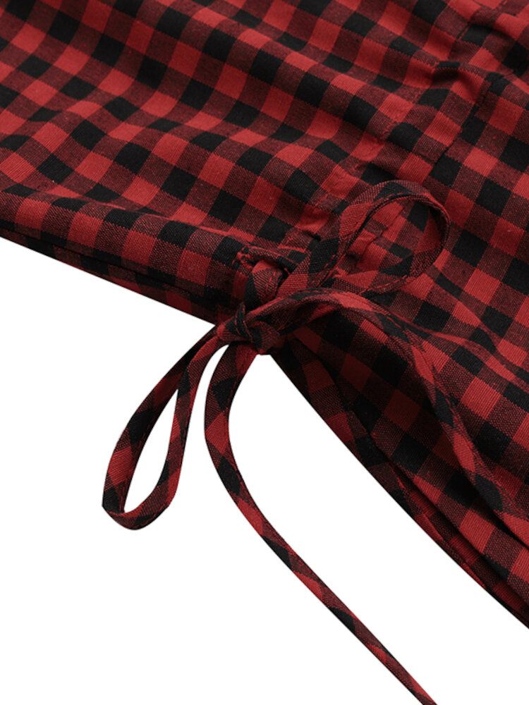 Kobiety Squre Neck Plaid Długość Łydki Boczne Kieszenie Casual Midi Sukienki