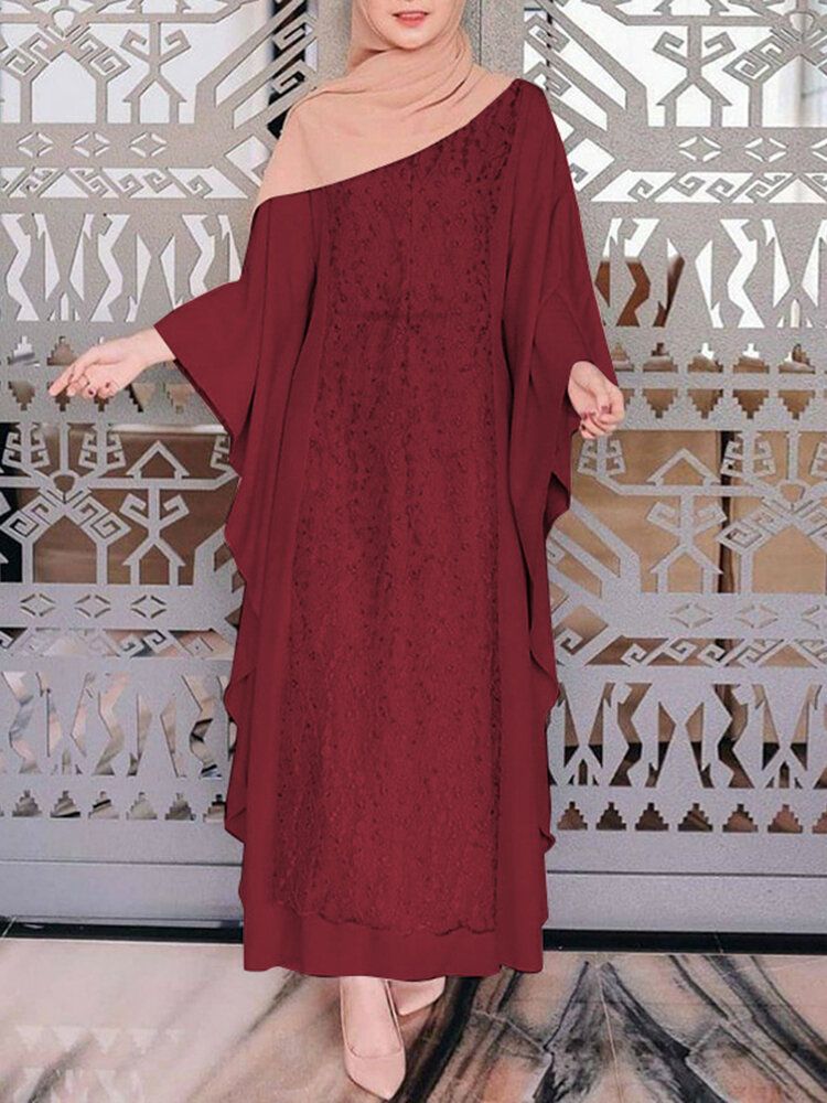 Kobiety Z Długim Rękawem Koronki Patchwork Bat Sleeve Kaftan Tunika Solid Color Plisy Sukienki Midi