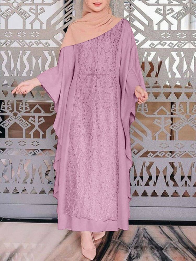 Kobiety Z Długim Rękawem Koronki Patchwork Bat Sleeve Kaftan Tunika Solid Color Plisy Sukienki Midi