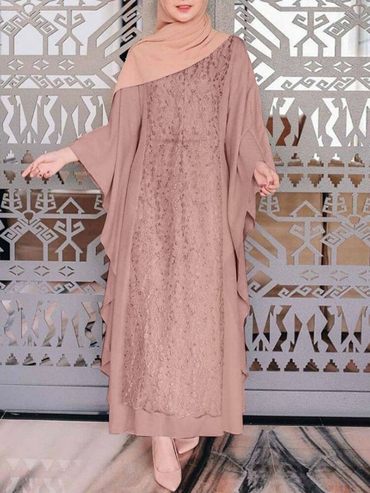 Kobiety Z Długim Rękawem Koronki Patchwork Bat Sleeve Kaftan Tunika Solid Color Plisy Sukienki Midi