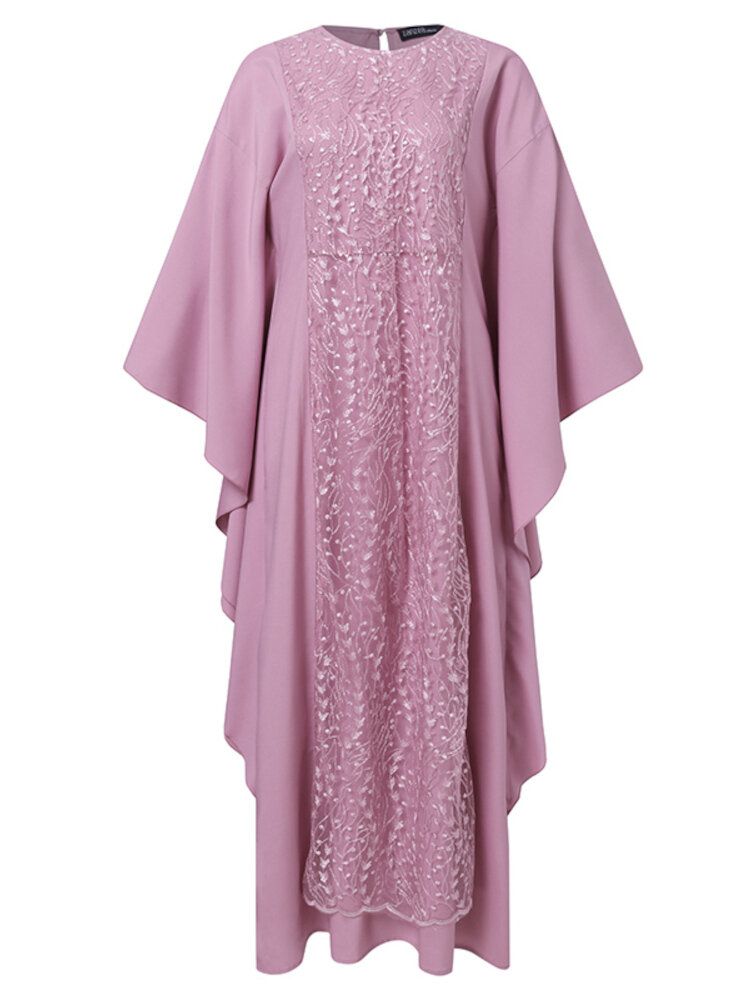 Kobiety Z Długim Rękawem Koronki Patchwork Bat Sleeve Kaftan Tunika Solid Color Plisy Sukienki Midi