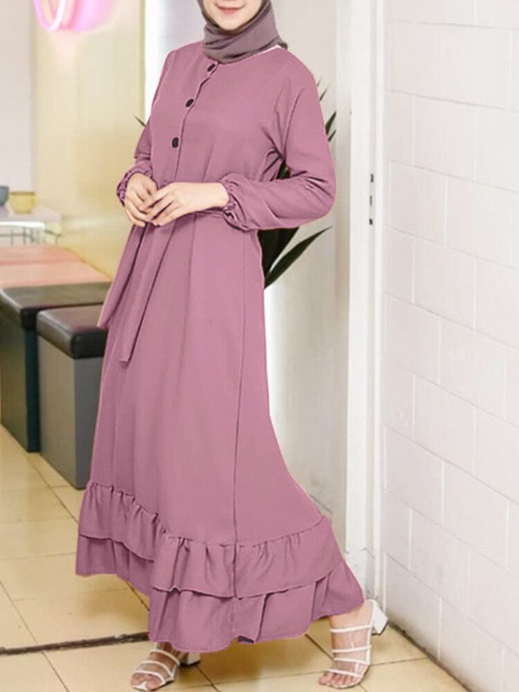 Kobiety Z Długim Rękawem Solid Ruffles Hem Abaya Kaftan Plisy Sukienki Midi Z Guzikami