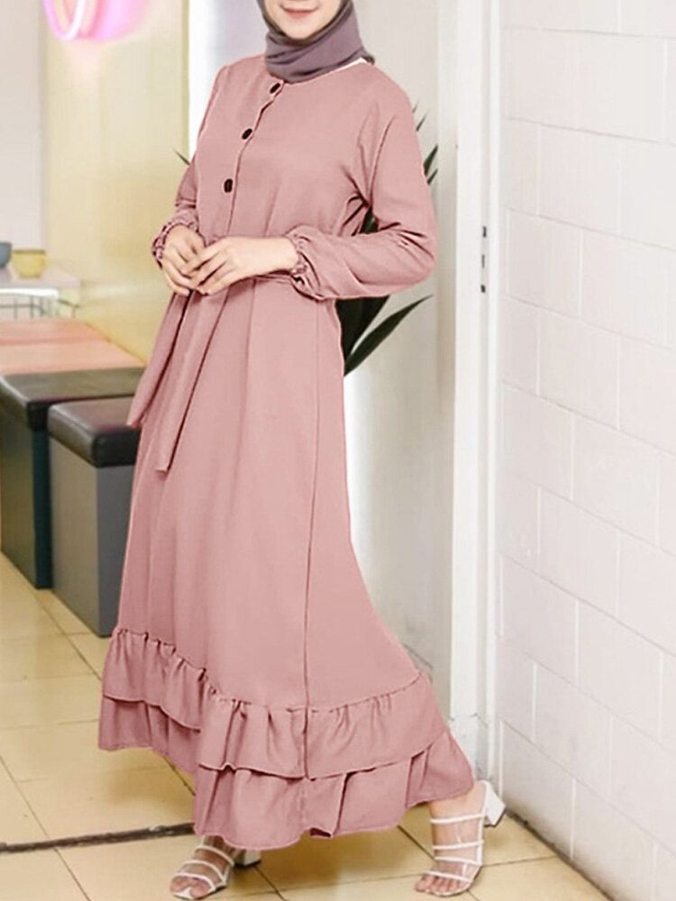 Kobiety Z Długim Rękawem Solid Ruffles Hem Abaya Kaftan Plisy Sukienki Midi Z Guzikami