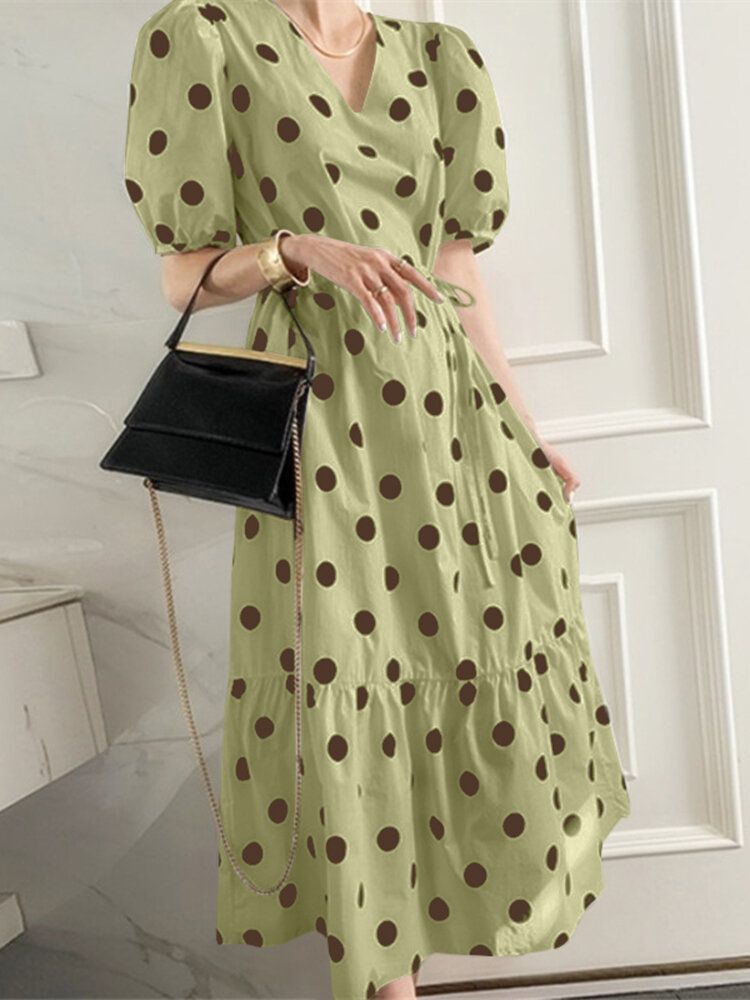 Polka Dot Print Pół Rękaw Dekolt W Serek Bufiasta Sukienka Ze Sznurkiem