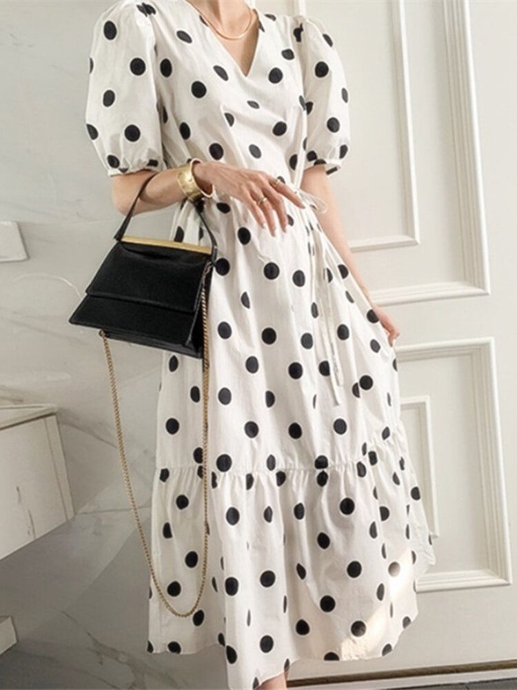 Polka Dot Print Pół Rękaw Dekolt W Serek Bufiasta Sukienka Ze Sznurkiem