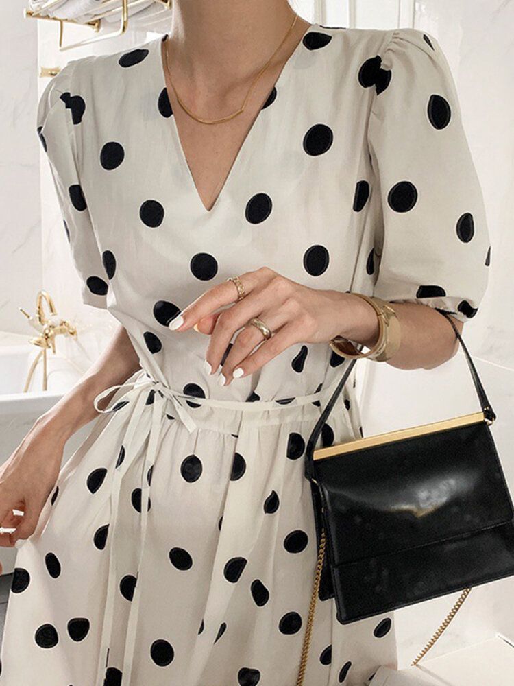 Polka Dot Print Pół Rękaw Dekolt W Serek Bufiasta Sukienka Ze Sznurkiem