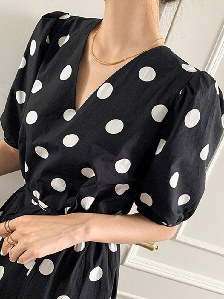 Polka Dot Print Pół Rękaw Dekolt W Serek Bufiasta Sukienka Ze Sznurkiem