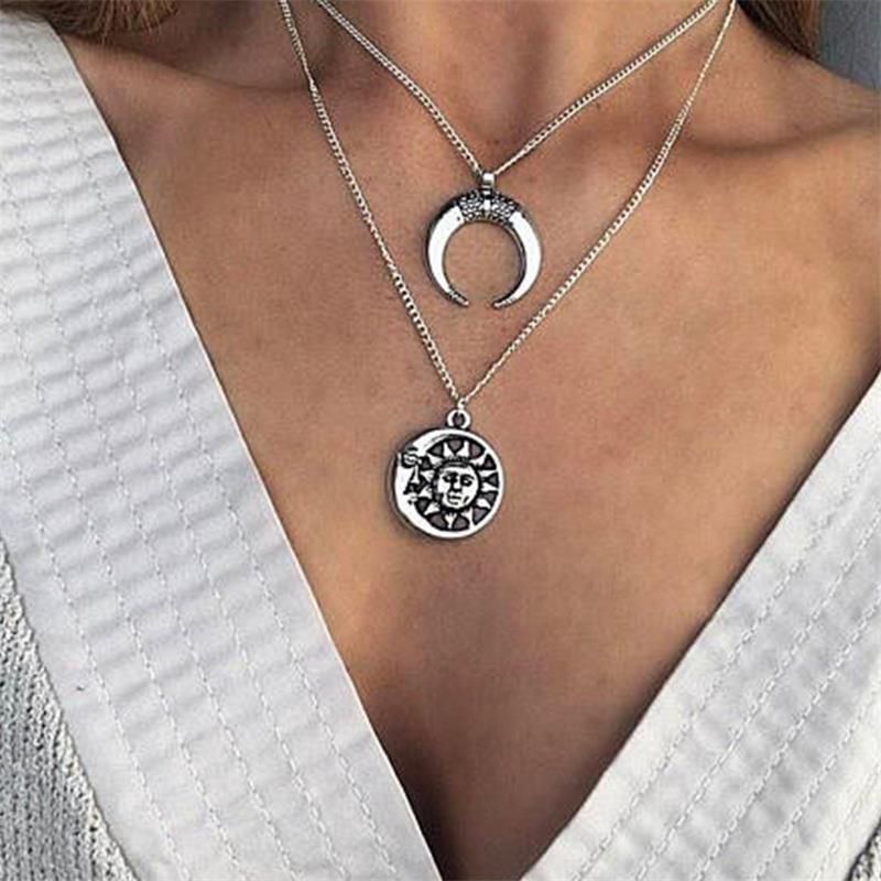 Vintage Sun Moon Naszyjnik Charm Chain Wielowarstwowy Naszyjnik Biżuteria Dla Kobiet