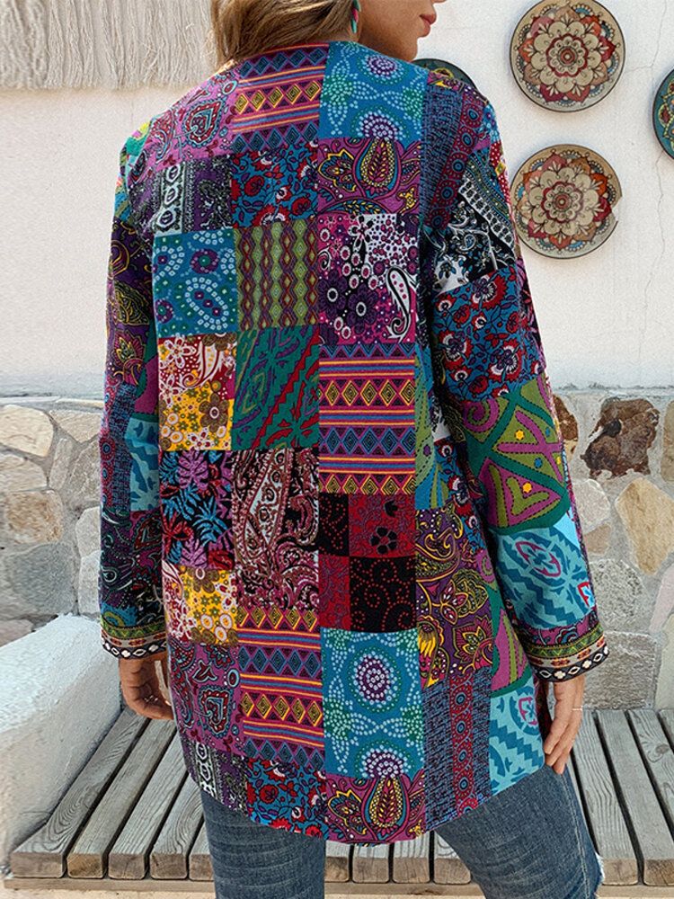 Kobiety Retro Kwiatowy Print Patchwork Z Długim Rękawem Nieregularne Bawełniane Kardigany W Stylu Etnicznym W Stylu Vintage