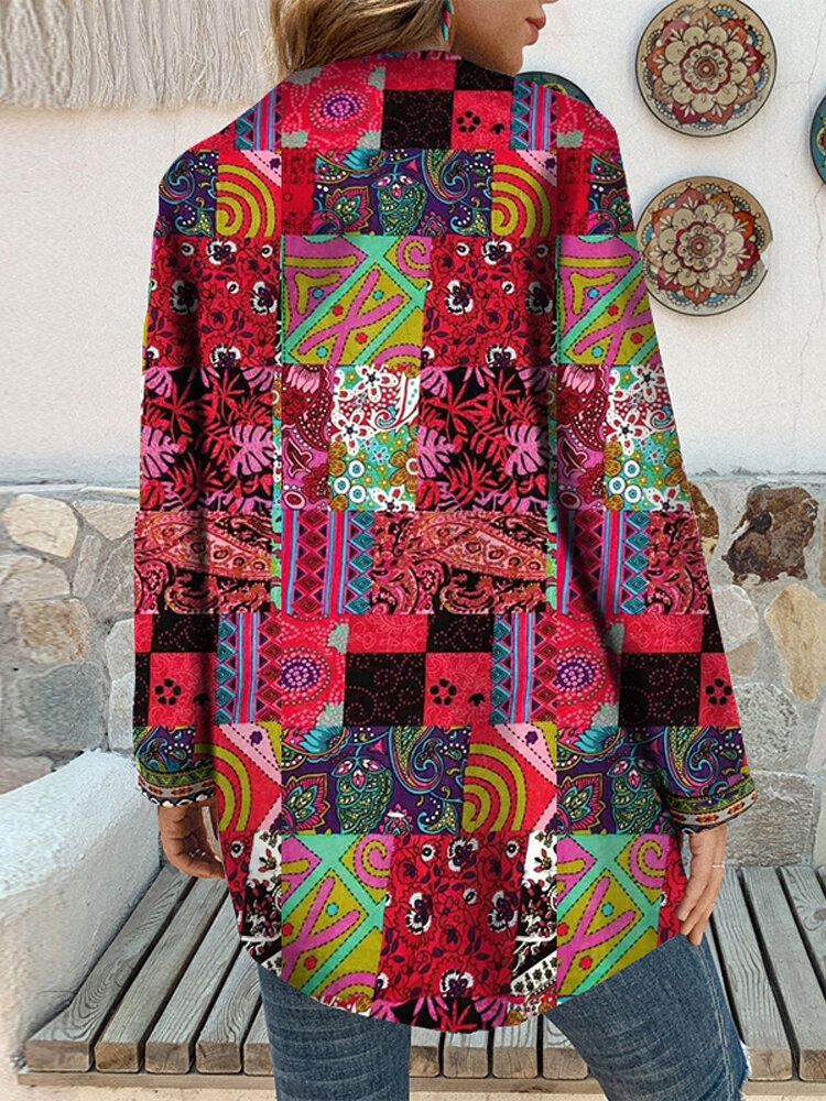 Kobiety Retro Kwiatowy Print Patchwork Z Długim Rękawem Nieregularne Bawełniane Kardigany W Stylu Etnicznym W Stylu Vintage