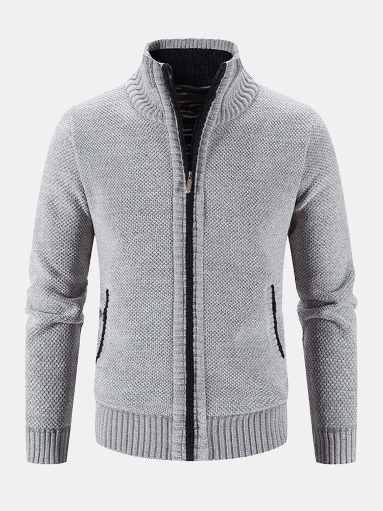 Mężczyźni Dzianiny Plus Velvets Elastyczne Hem Kieszenie Zipper Pure Solid Sweter Cardigans