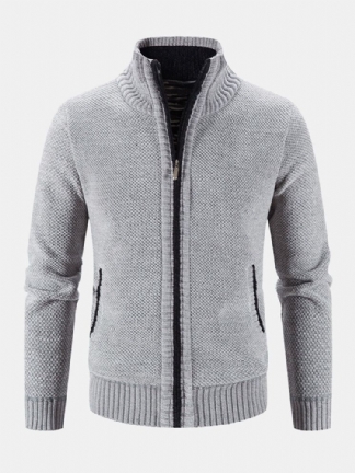 Mężczyźni Dzianiny Plus Velvets Elastyczne Hem Kieszenie Zipper Pure Solid Sweter Cardigans