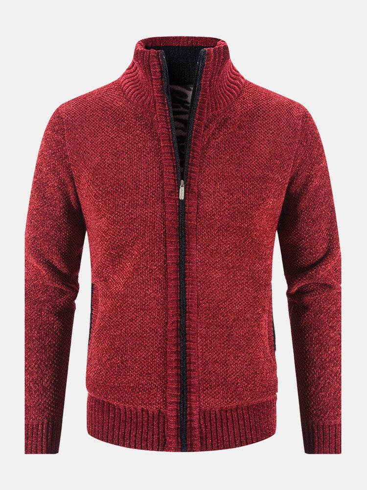 Mężczyźni Dzianiny Plus Velvets Elastyczne Hem Kieszenie Zipper Pure Solid Sweter Cardigans