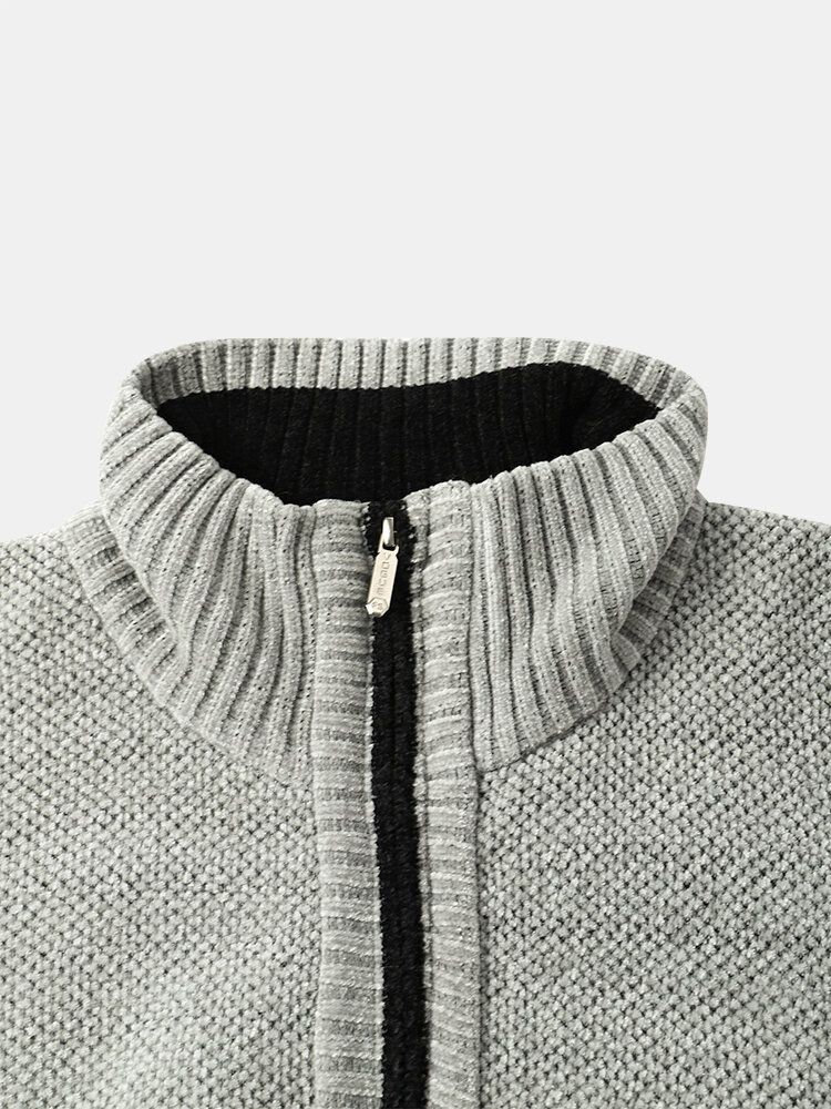 Mężczyźni Dzianiny Plus Velvets Elastyczne Hem Kieszenie Zipper Pure Solid Sweter Cardigans