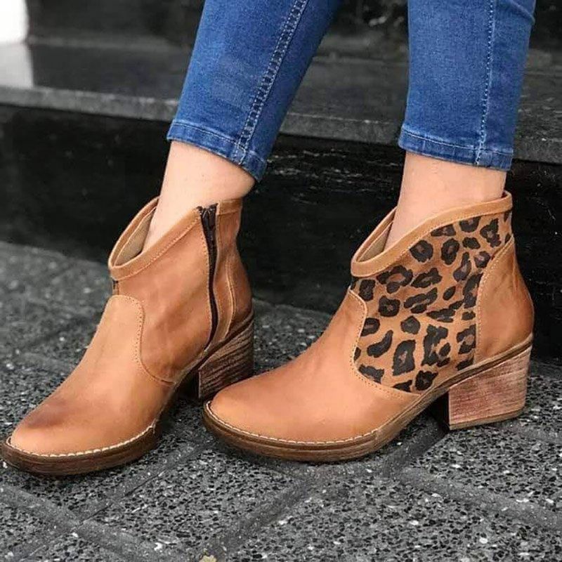 Casual Splicing Leopard Side Zipper Chunky Heel Cowboy Botki Dla Kobiet