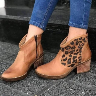 Casual Splicing Leopard Side Zipper Chunky Heel Cowboy Botki Dla Kobiet