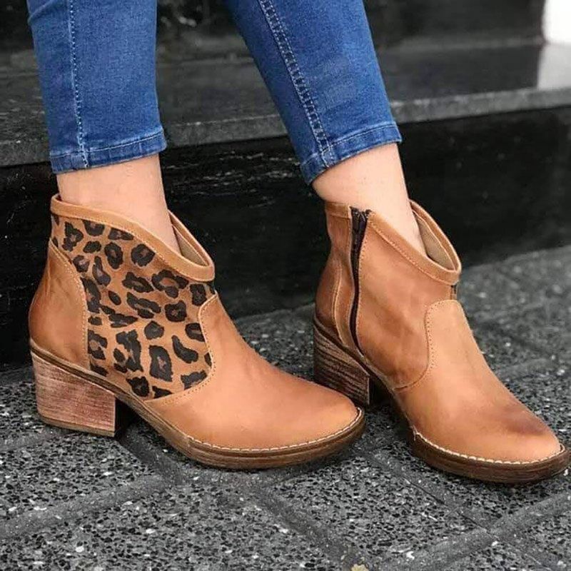 Casual Splicing Leopard Side Zipper Chunky Heel Cowboy Botki Dla Kobiet