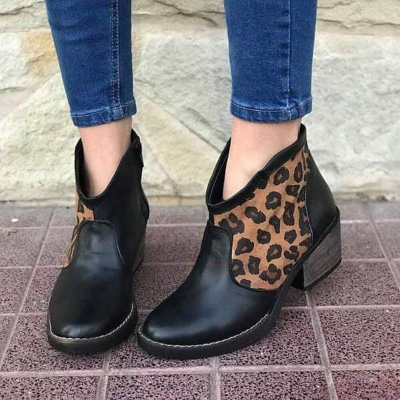 Casual Splicing Leopard Side Zipper Chunky Heel Cowboy Botki Dla Kobiet