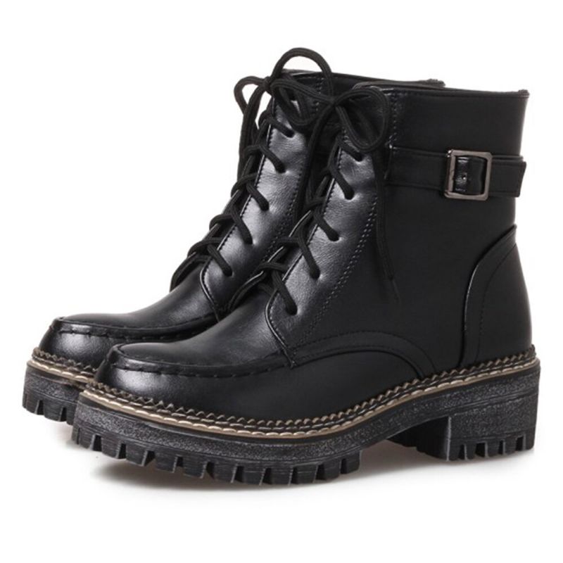 Kobiety Casual Solid Color Buckle Up Platform Short Combat Boots