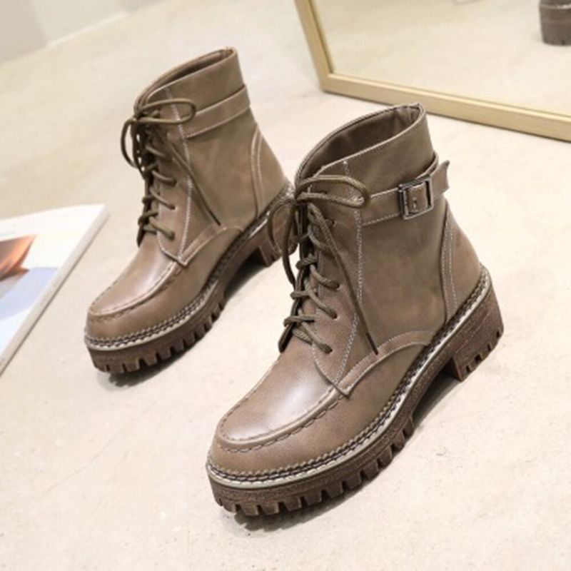 Kobiety Casual Solid Color Buckle Up Platform Short Combat Boots