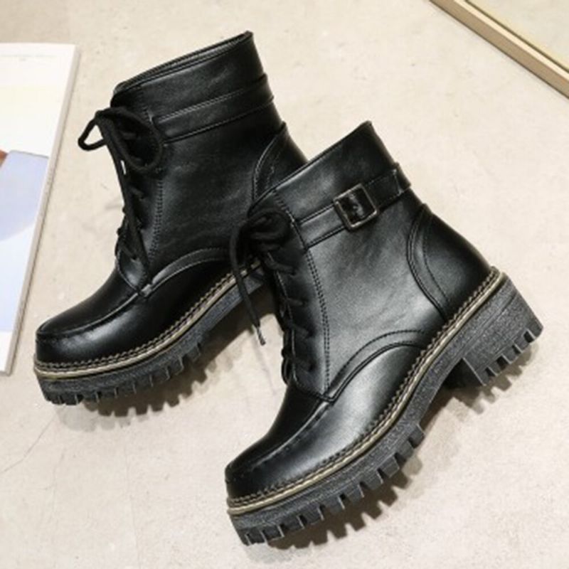 Kobiety Casual Solid Color Buckle Up Platform Short Combat Boots