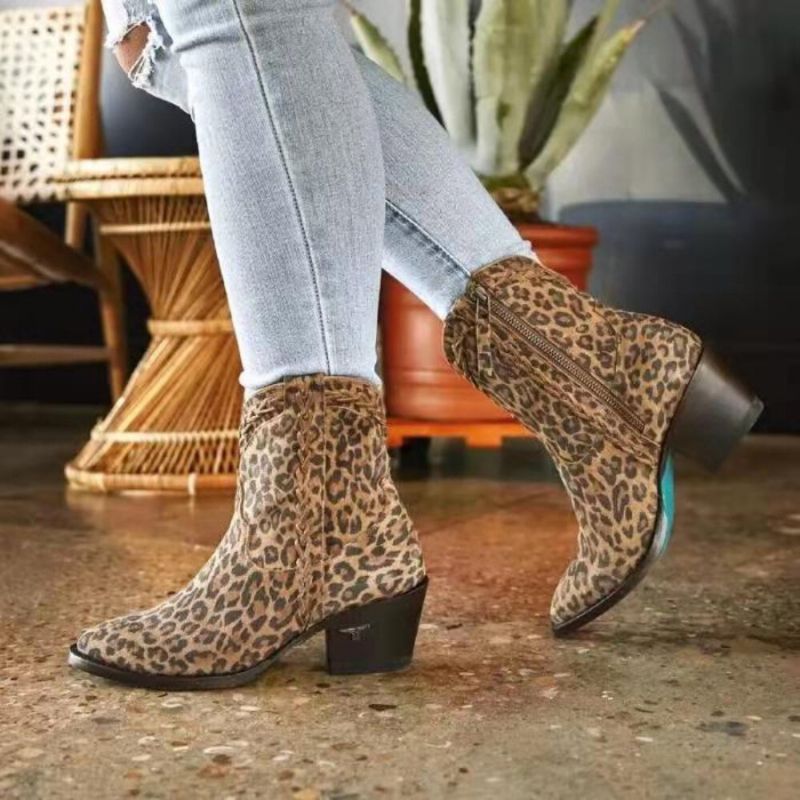 Kobiety Retro Krótkie Skórzane Leopard Print V-cut Pointy-toe Chunky Heel Knight Boots