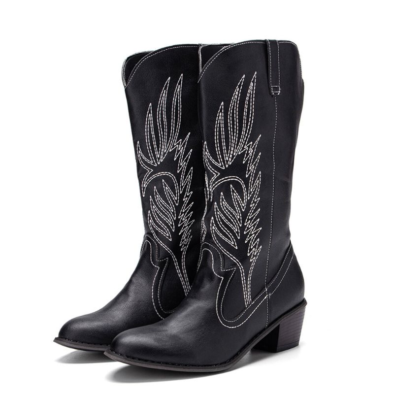 Kobiety Skórzany Wzór Haftu Pointy Toe Chunky Heel Trendy Knight Cowboy Boots