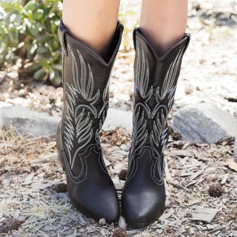 Kobiety Skórzany Wzór Haftu Pointy Toe Chunky Heel Trendy Knight Cowboy Boots