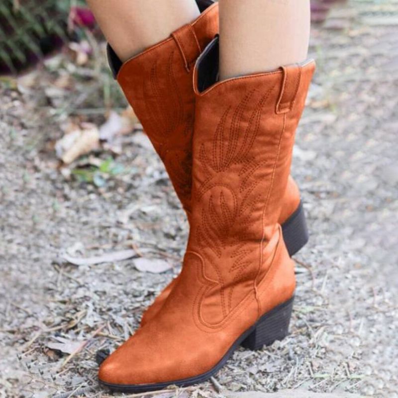 Kobiety Skórzany Wzór Haftu Pointy Toe Chunky Heel Trendy Knight Cowboy Boots