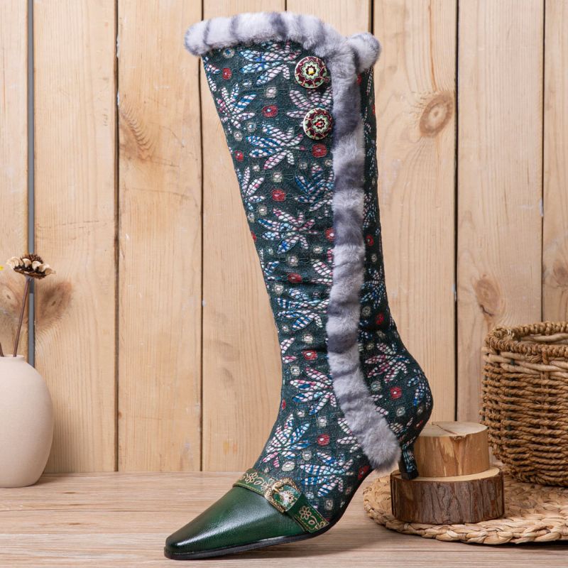 Kobiety Vintage Skórzany Patchwork Pluszowa Koronka Kwiatowy Print Cienkie Wysokie Buty Na Obcasie