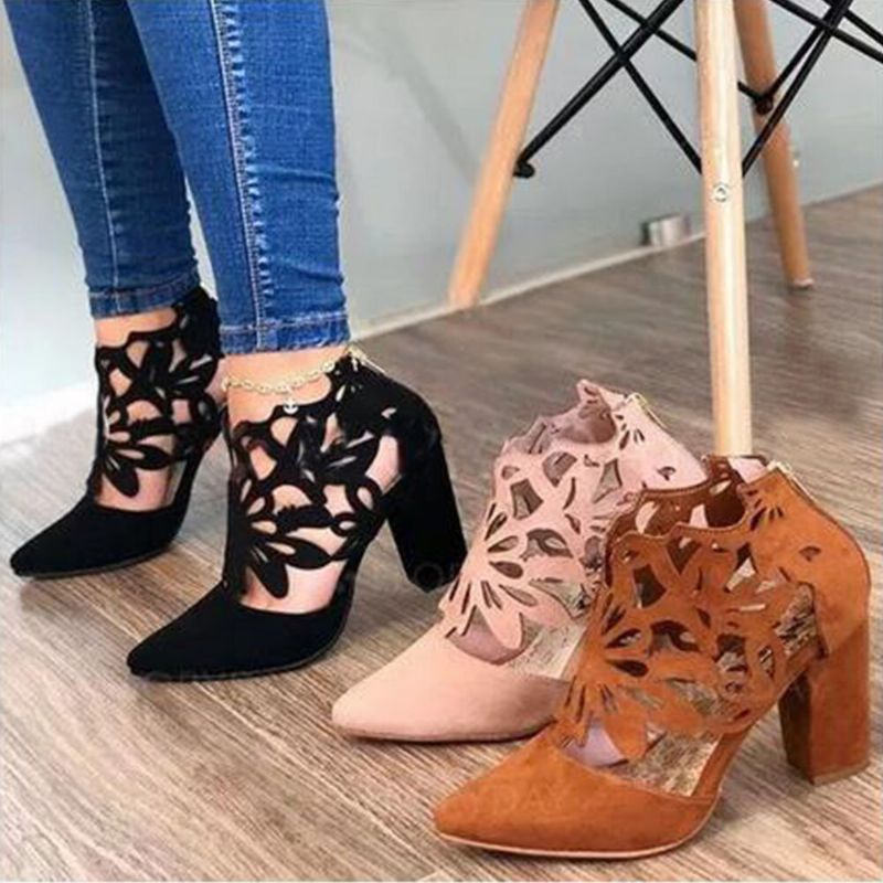 Plus Size Kobiety Hollow Design Szpiczasty Nosek Z Tyłu Na Suwak Casual Buty Na Wysokim Obcasie