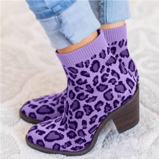 Plus Size Kobiety Oddychająca Dzianina Leopard Chunky Heel Short Boots