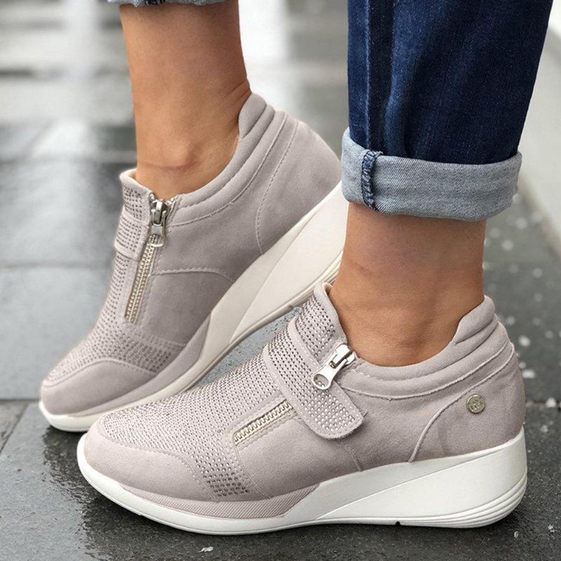 Kobiety Mesh Hook Loop Zipper Kliny Casual Sneakers